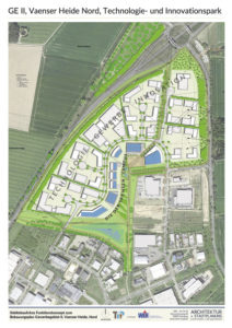 Dieser Plan zeigt die Dimension des TIP, der im Dreieck Hamburger Straße und B75 entstehen soll. Die blauen Gebäude stellen zunächst als Platzhalter den zentral gelegenen NiedersachsenCampus dar. Hier soll ein Hochschulstandort neuen Typs realisiert werden.