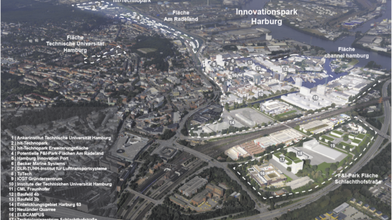 Die weiße Linie zeigt, wo überall in Harburg Technologie und Wissenschaft die Grundlage für einen natürlich gewachsenen F&I-Park schaffen.